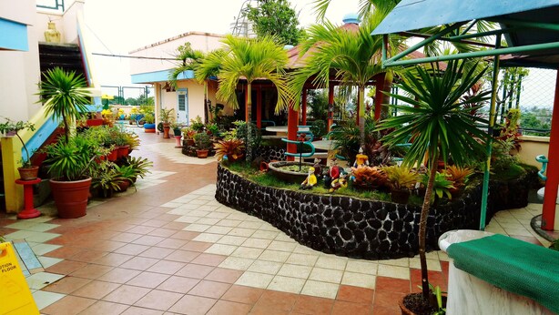 A courtyard with potted plants, a fountain, and a small statue area. - Tabaco Gardenia Hotel (Tabaco City)