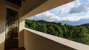 Un balcon offrant une vue sur un paysage montagneux et agrémenté d’un jardinier en bois.