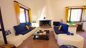 A living room with a fireplace, two sofas with cushions, a coffee table, and a guitar. - Villa Magica (Olbia)