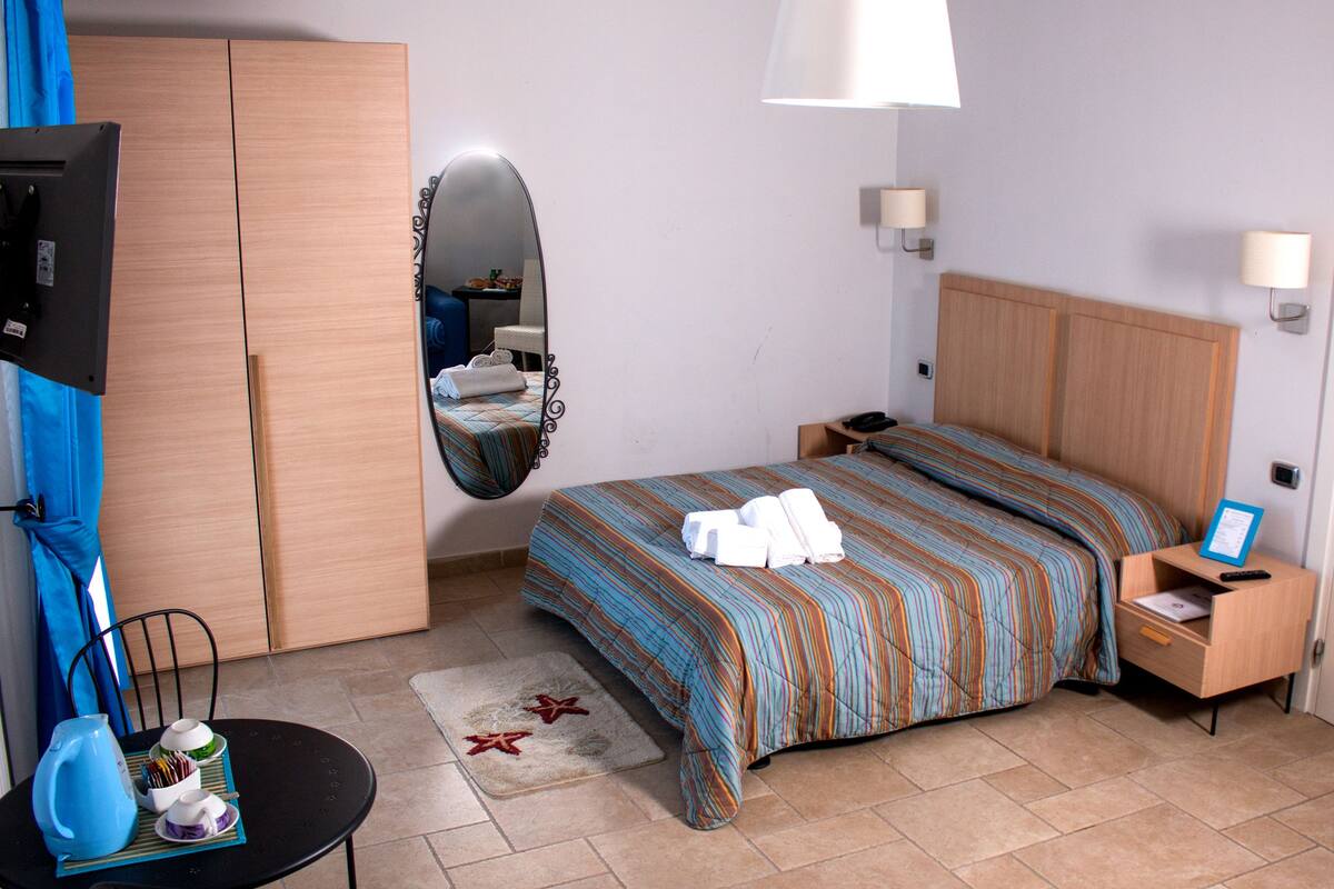 Una habitación de hotel con cama, escritorio, silla, televisor, armario y espejo.
