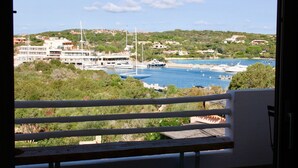 A coastal view with a marina, boats, and buildings on a hillside.