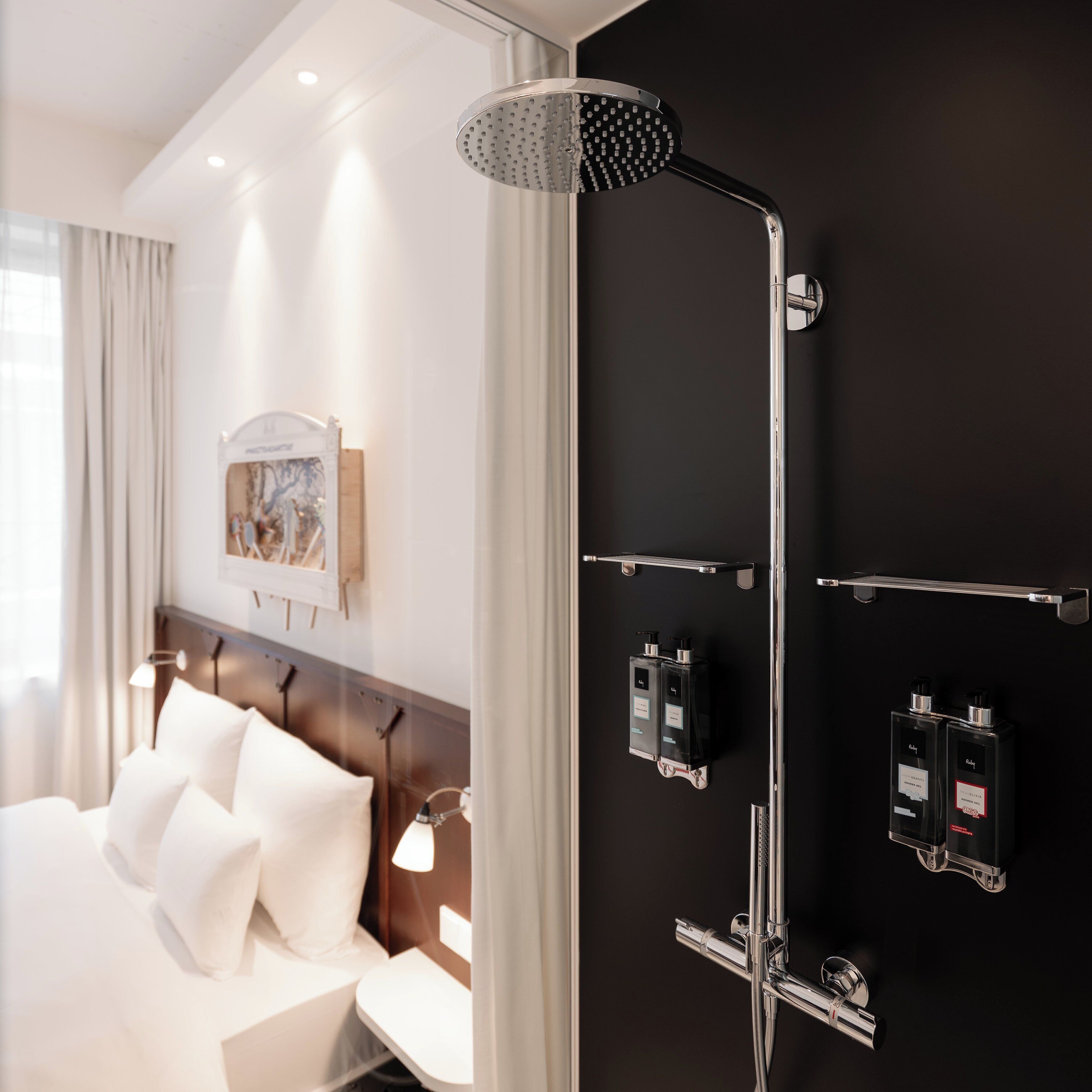 shower, rainfall showerhead, designer toiletries, hair dryer