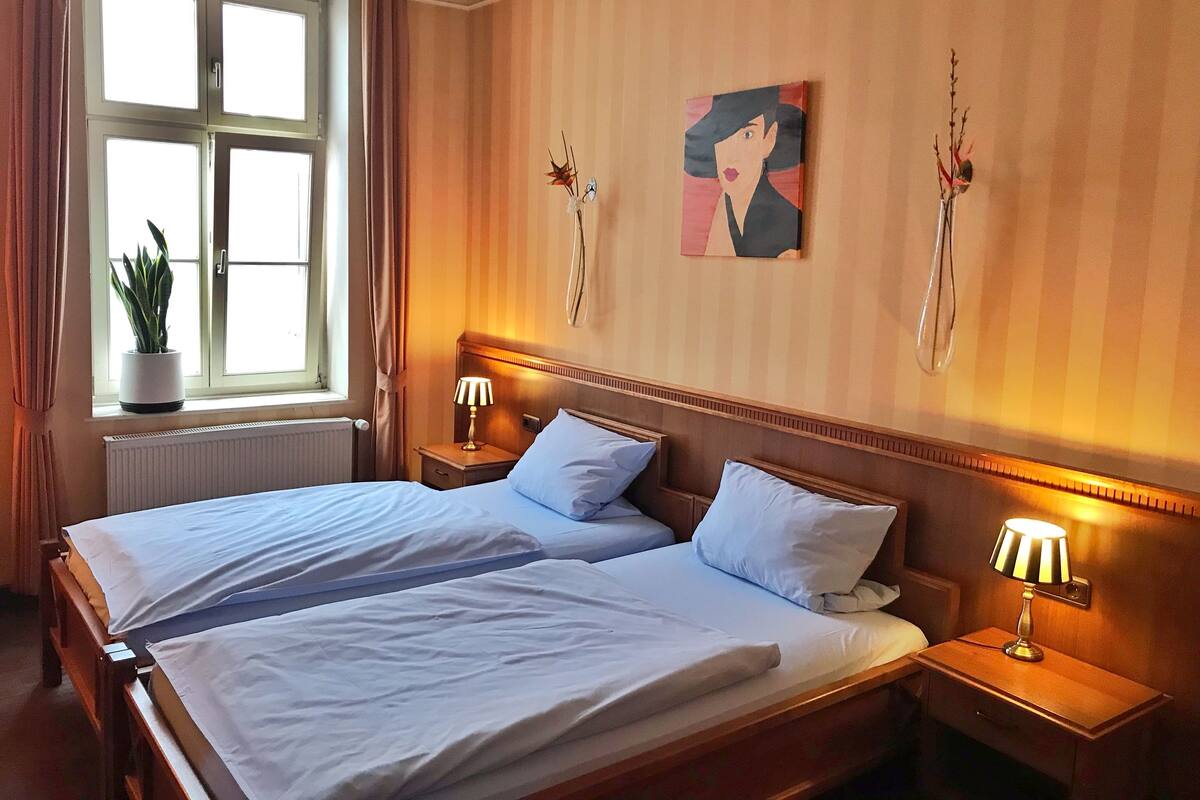 Habitación de hotel con dos camas, una planta en maceta, un cuadro y un radiador.