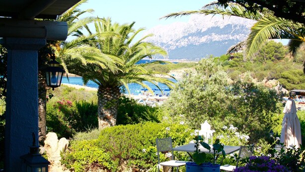 Ein Garten mit Palmen, einem Tisch mit Stühlen und Blick auf Strand und Berge im Hintergrund.