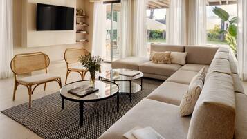 Premium Villa | Living area | 55-cm Smart TV with digital channels, TV, fireplace