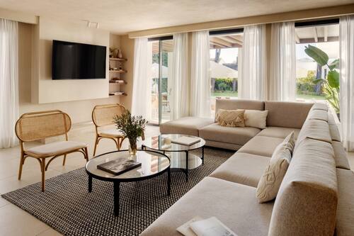 Premium Villa | Living area | 55-cm Smart TV with digital channels, TV, fireplace