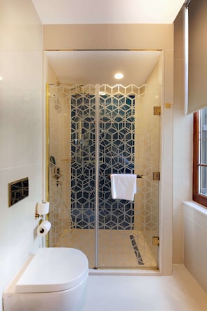 Shower, eco-friendly toiletries, hair dryer, bathrobes