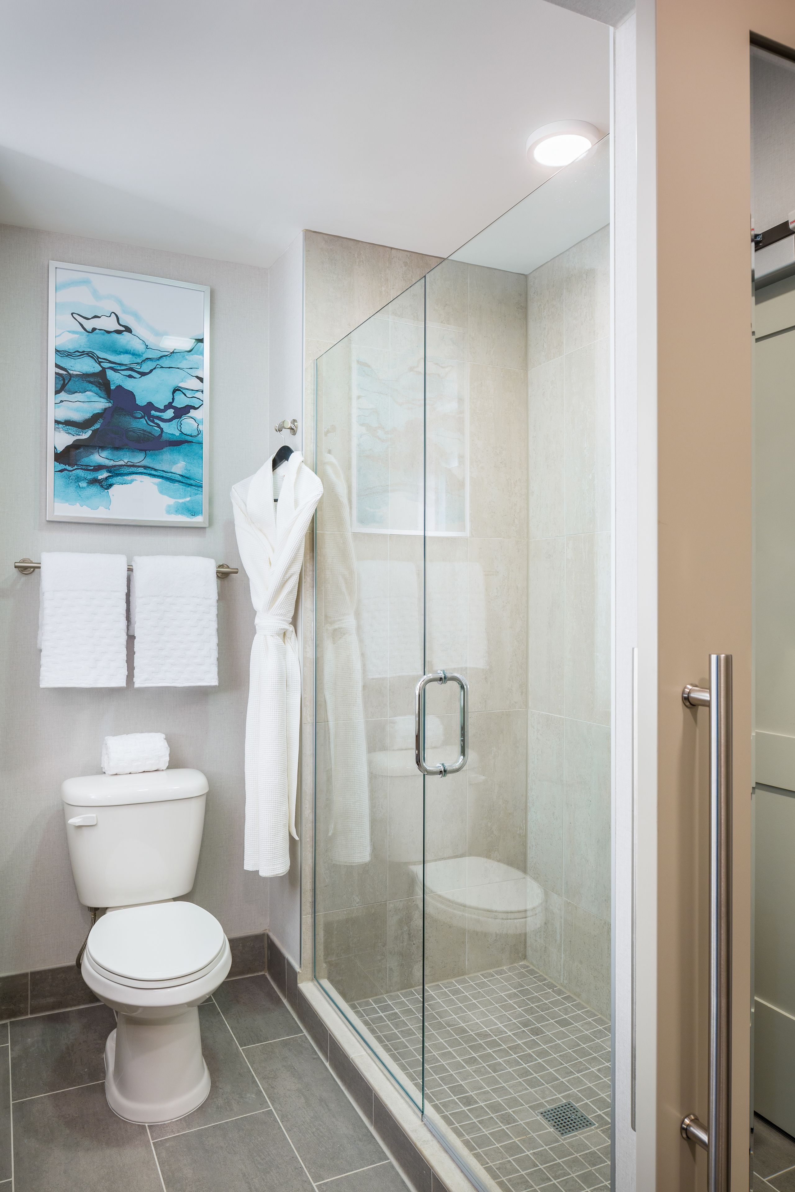 A modern bathroom with a glass-enclosed shower, a white toilet, and a towel rack with two white towels.