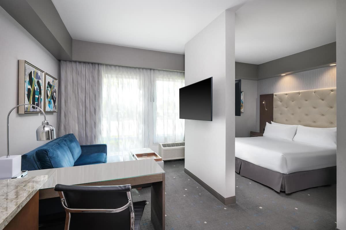 Una habitación de hotel con una cama, un escritorio, una silla, un televisor y obras de arte en la pared.