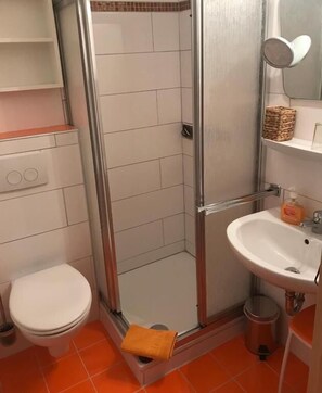 Shower, hair dryer, bathrobes, towels