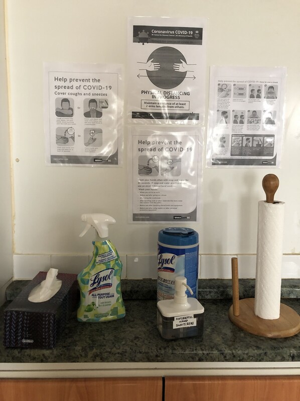 A countertop with hand sanitizer, a Lysol spray bottle, a Lysol hand sanitizer container, a paper towel holder, and a box of tissues.