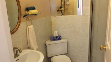 Ein Badezimmer mit Waschbecken, Toilette und Duschabtrennung aus Glas.