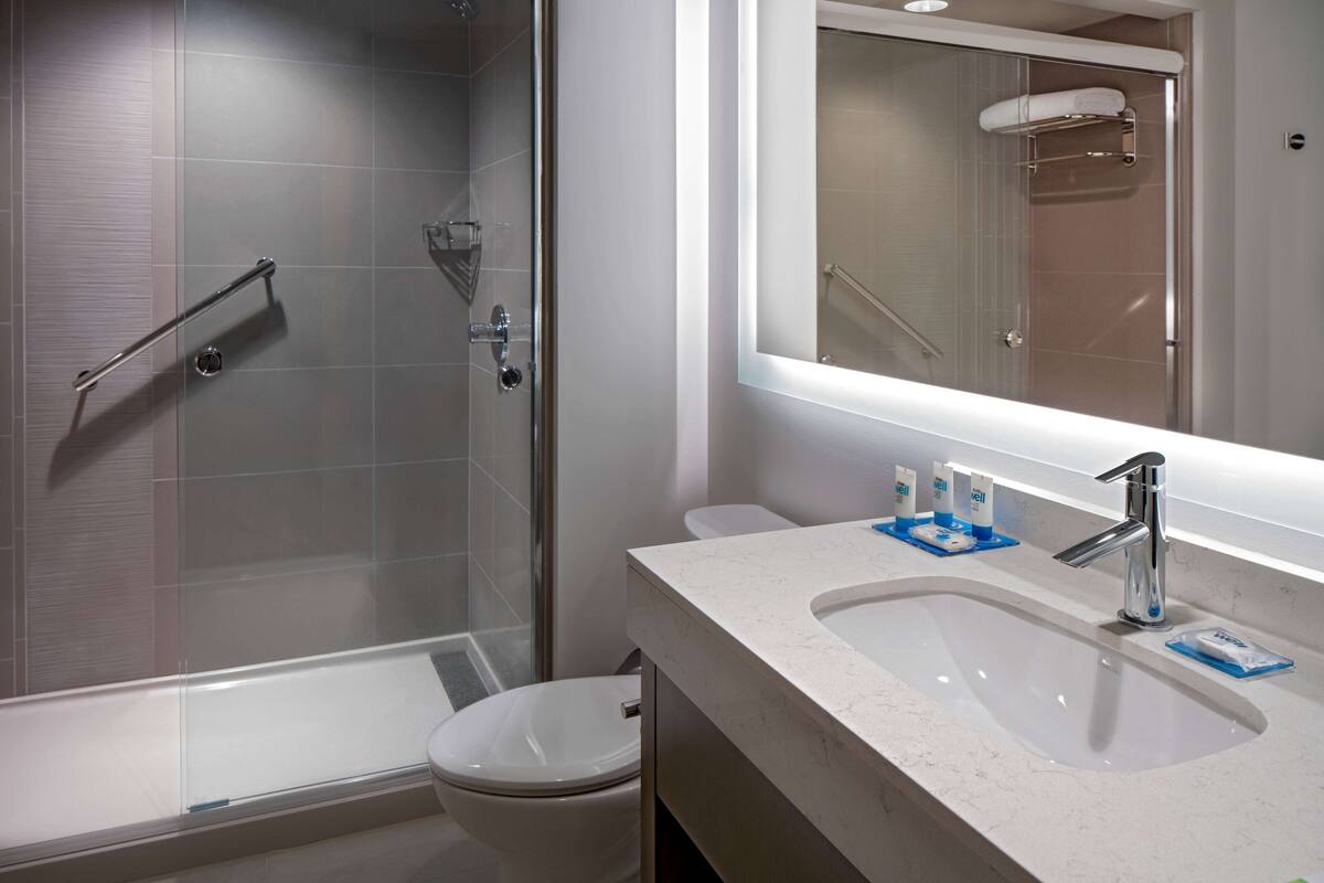 separate bathtub and shower, free toiletries, hair dryer, towels