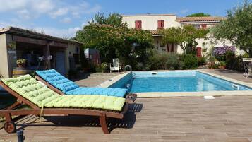 Seasonal outdoor pool, pool umbrellas, pool loungers