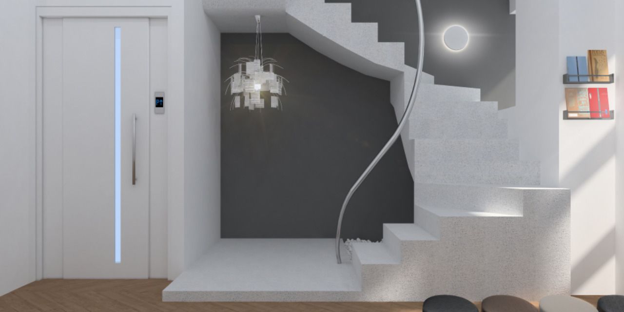 A modern interior with a staircase, a chandelier, and a door with a digital display.