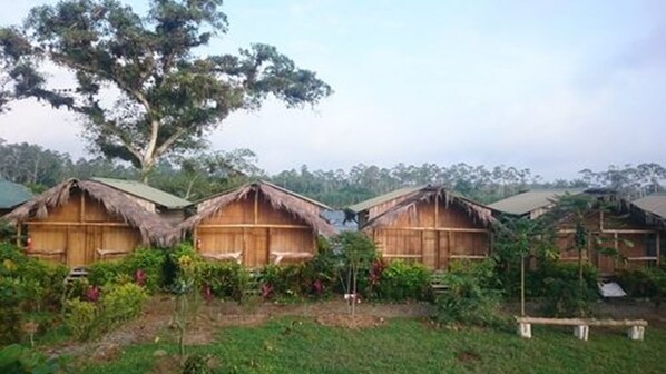 A row of thatched-roof huts with wooden walls, surrounded by greenery and trees. - Hosteria Piedra De Vapor (Puerto Quito)