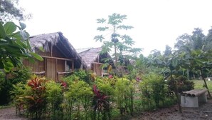 A rustic wooden house with a thatched roof, surrounded by lush greenery and a variety of plants. - Hosteria Piedra De Vapor (Puerto Quito)