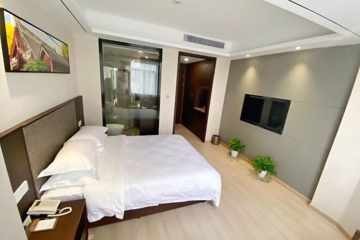 A hotel room with a bed, bedside table with a phone, a TV mounted on the wall, and a small potted plant.