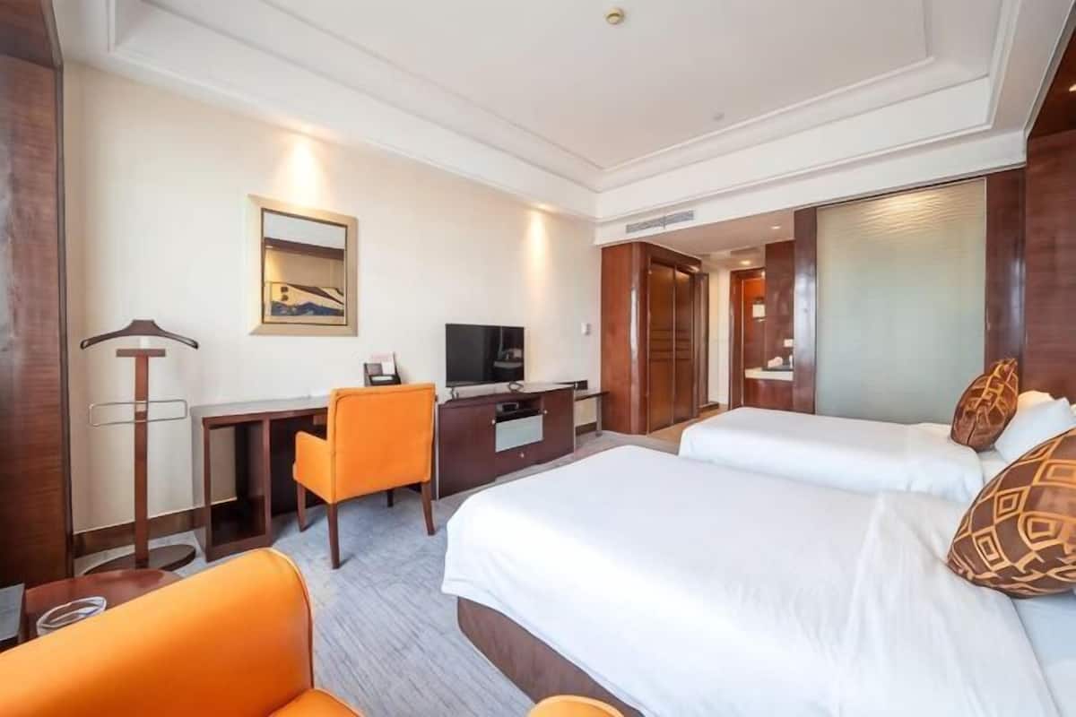 A hotel room with a bed, a desk with a chair, a television, and a mirror.