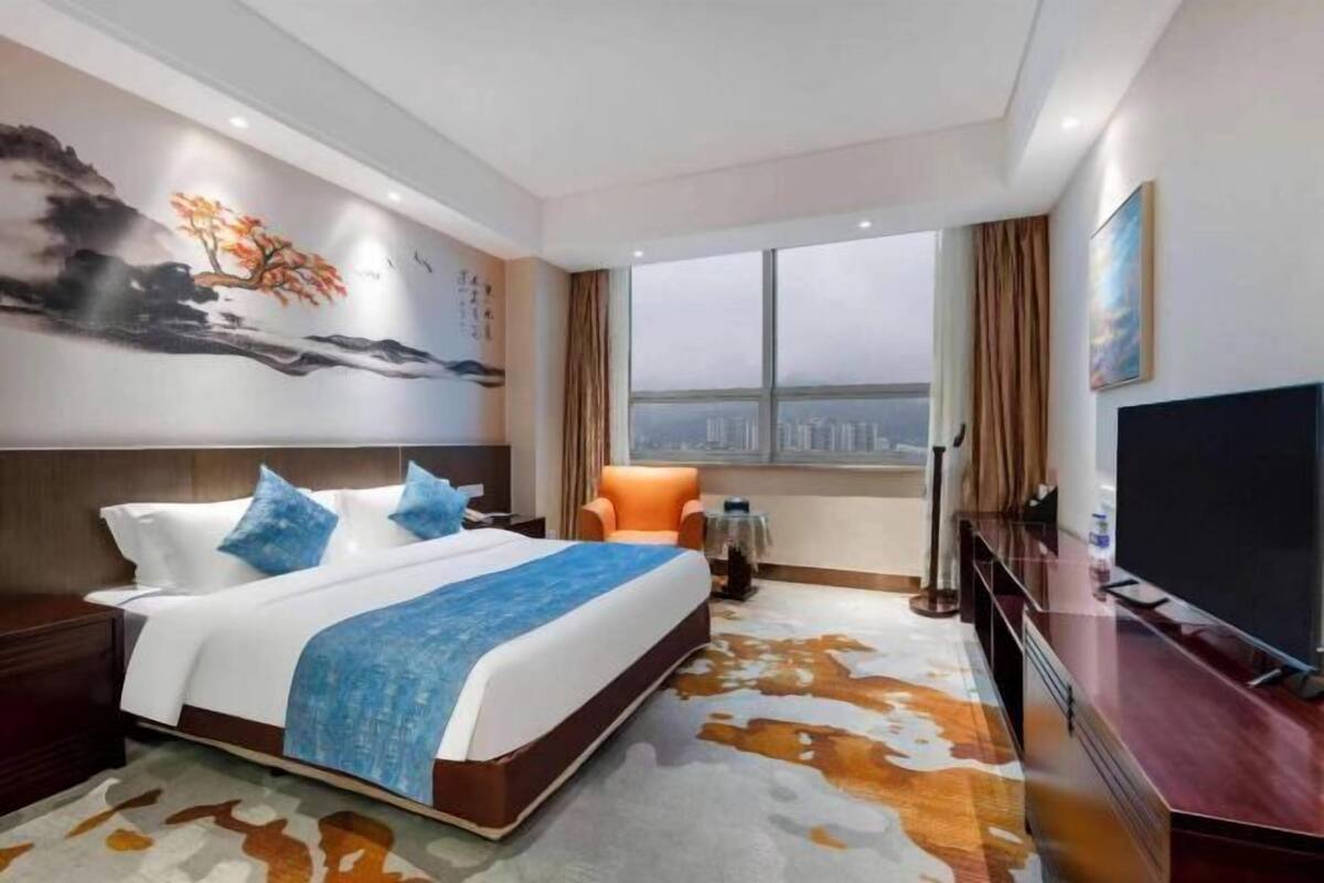 A hotel room with a large bed, a TV, a desk, and a view of the city through the window.