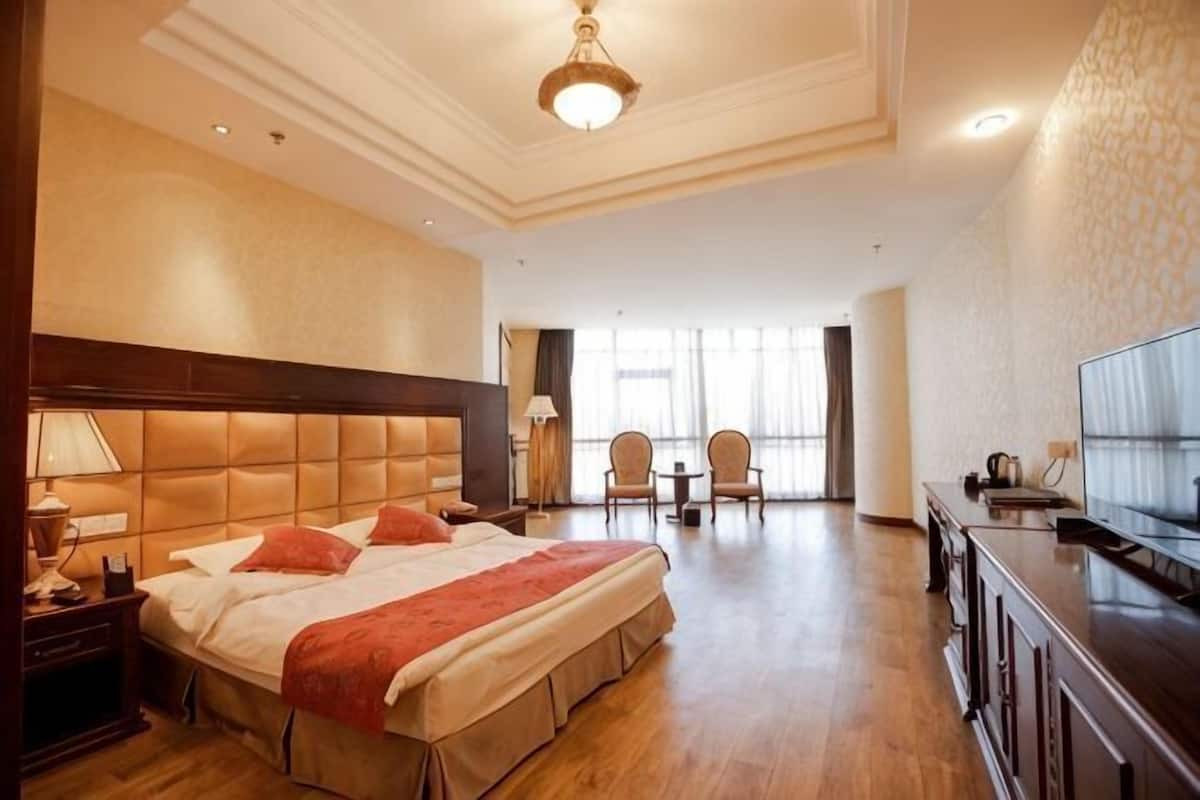 Una camera d'albergo con un letto grande, una televisione, una scrivania e una sedia.