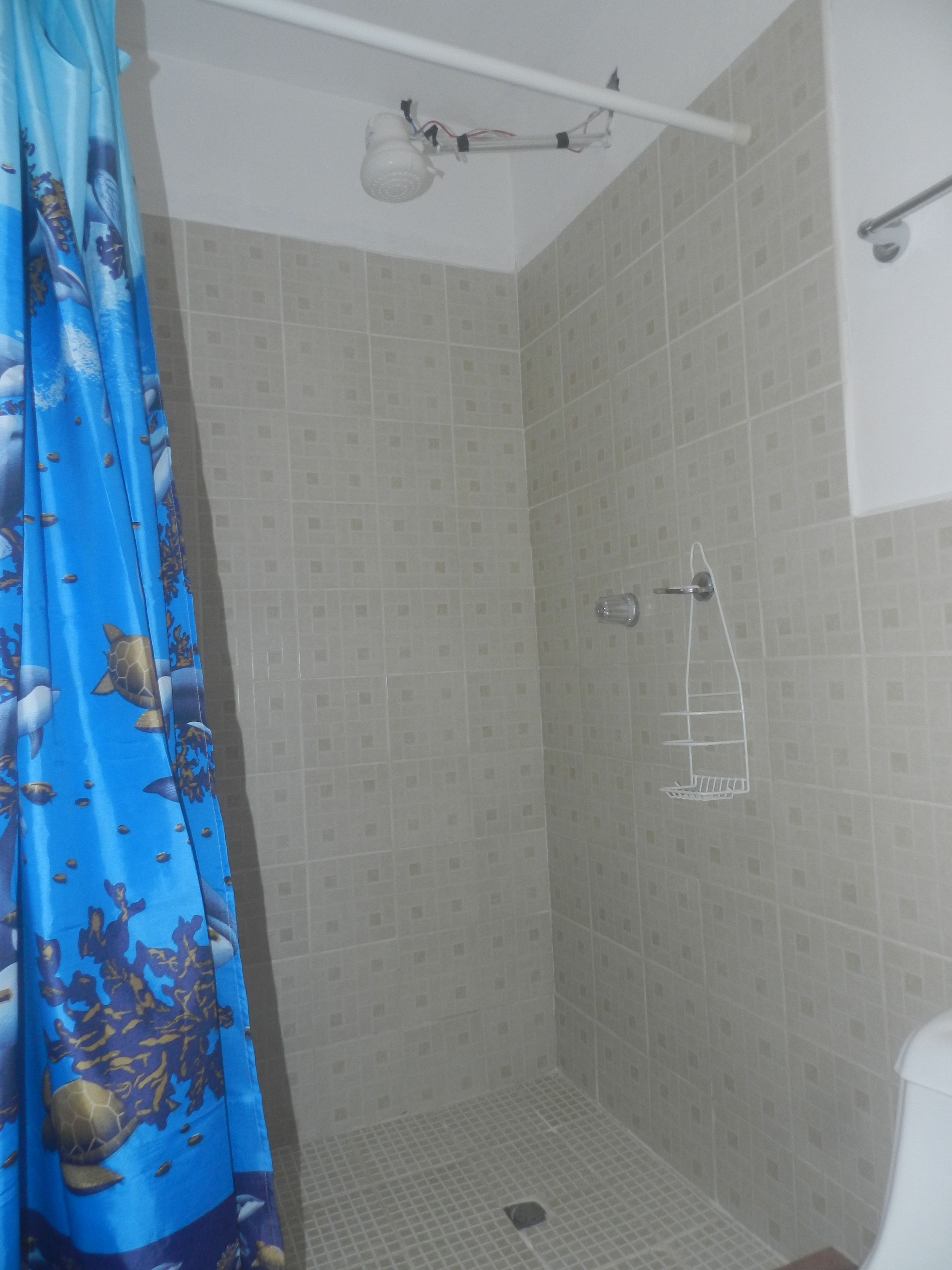 A shower area with a tiled wall, a showerhead, and a curtain with a marine theme.