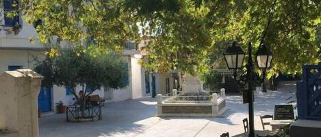 A courtyard with a fountain, benches, and a street view.