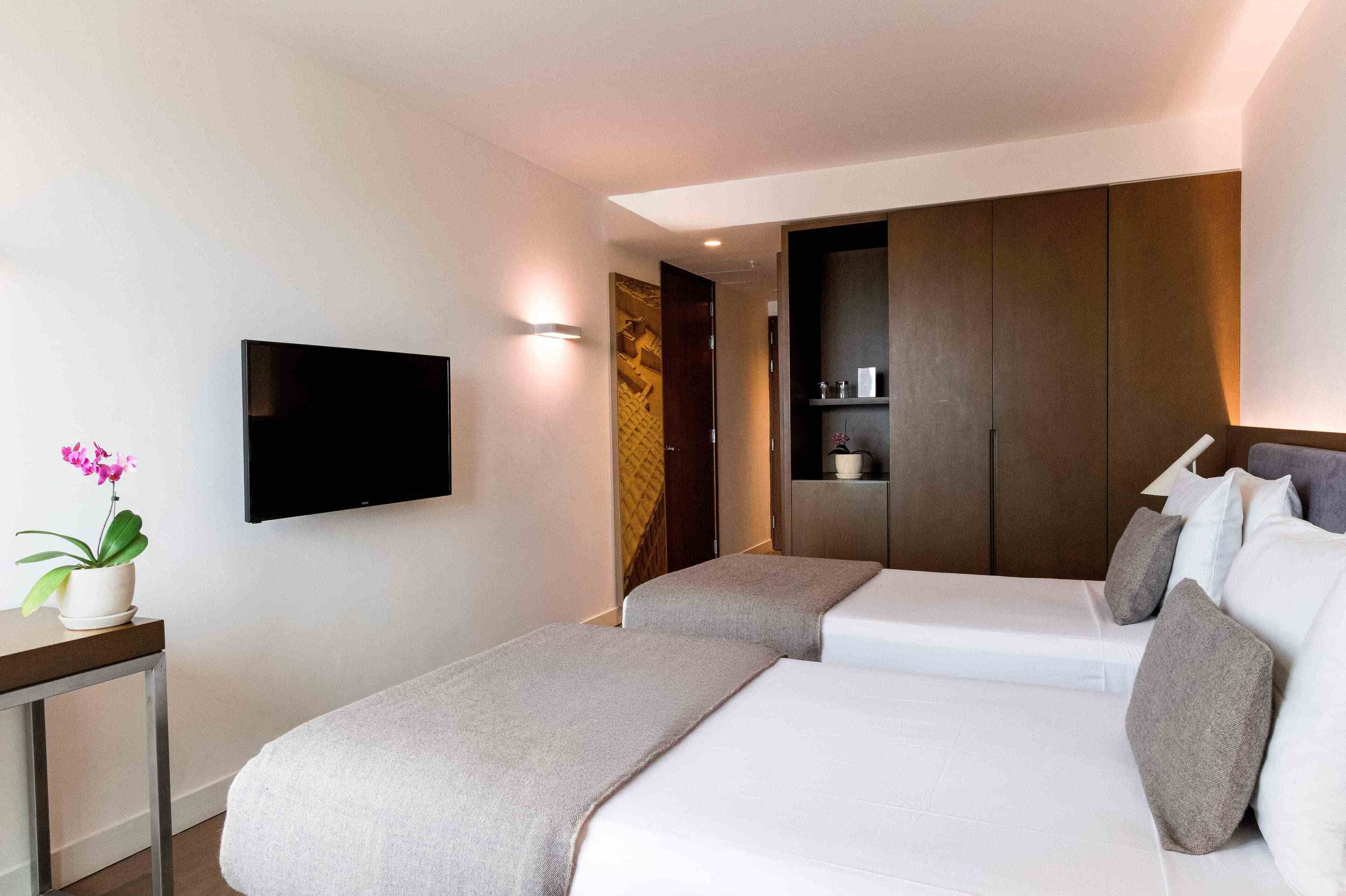 A hotel room with two beds, a flat-screen TV, a small table with a potted plant, and a wardrobe.