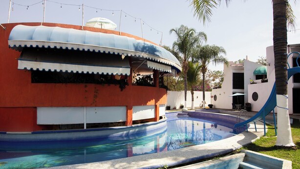 Una piscina de diseño curvo, una zona de estar al aire libre techada y una palmera.