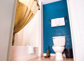 A bathroom with a blue accent wall, a white toilet, a shower curtain, and a towel rack.