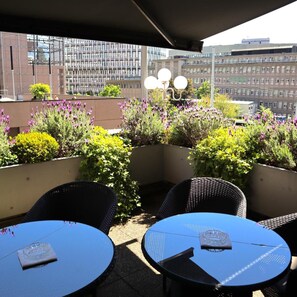 A rooftop terrace with outdoor seating, potted plants, and a view of city buildings. - Adriatica Hotel (Geneva)