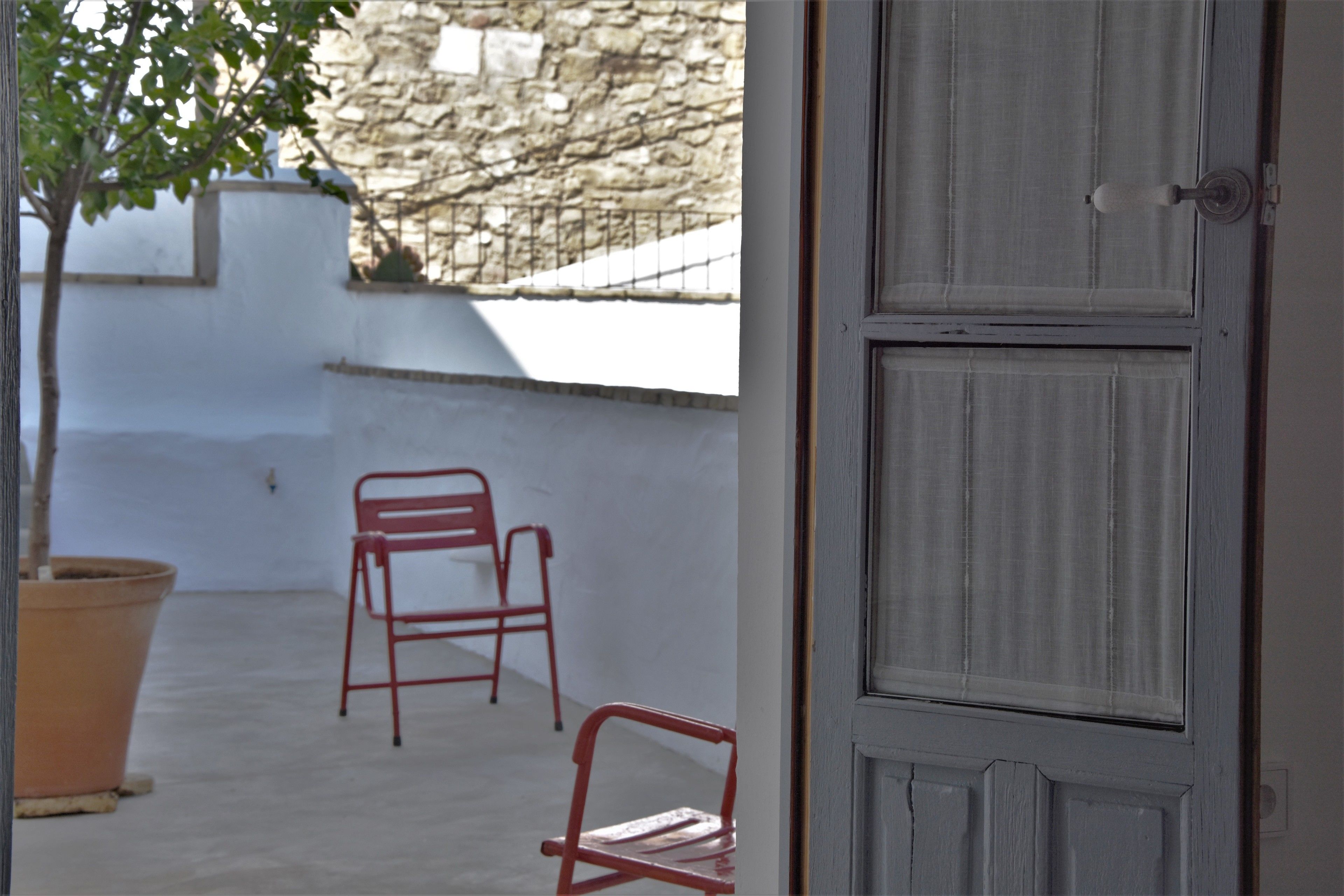 Una habitación con una puerta blanca, una planta en maceta y dos sillas rojas.