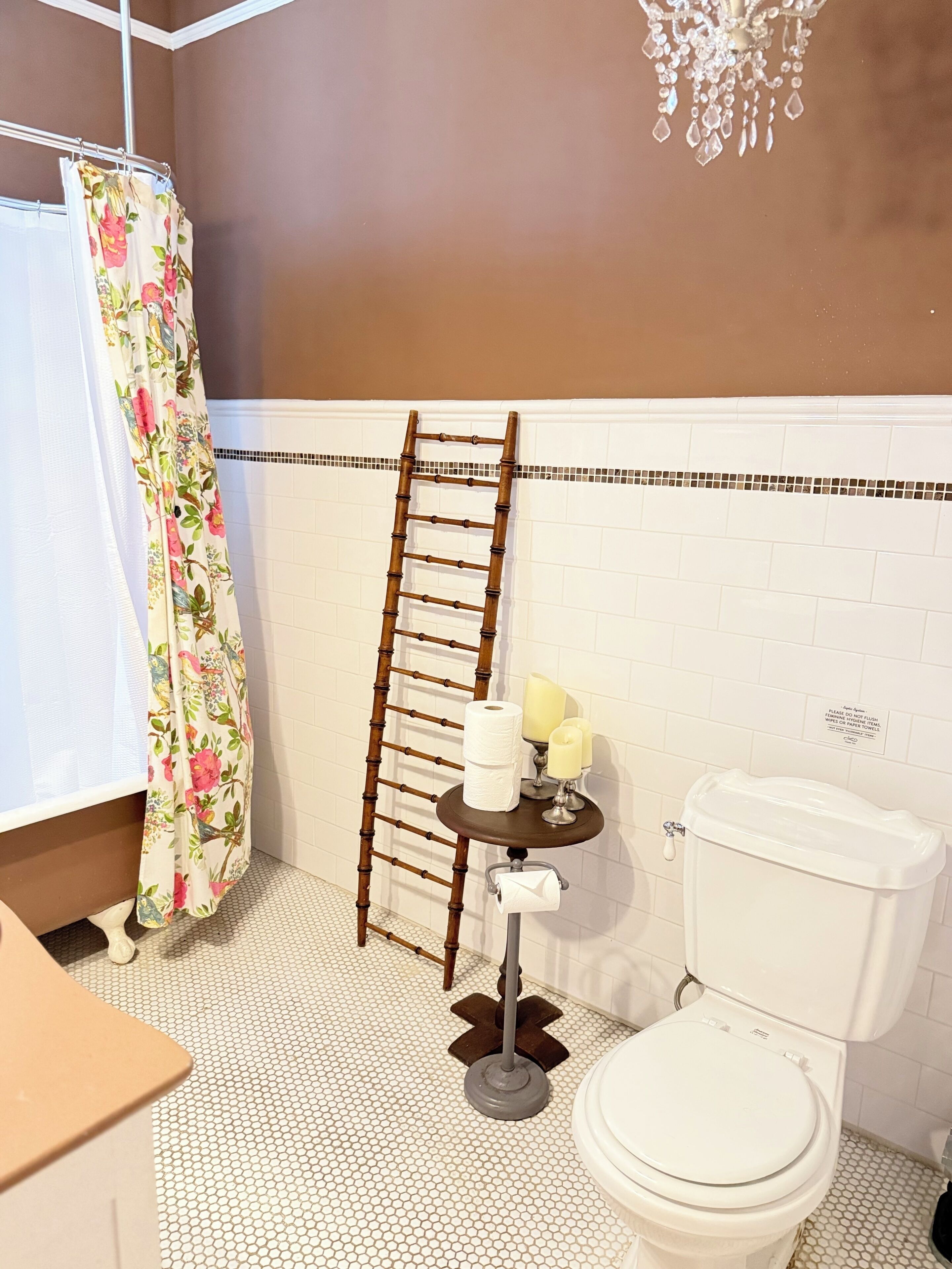 A bathroom with a toilet, a shower curtain, a ladder, and a small table with candles and toilet paper.