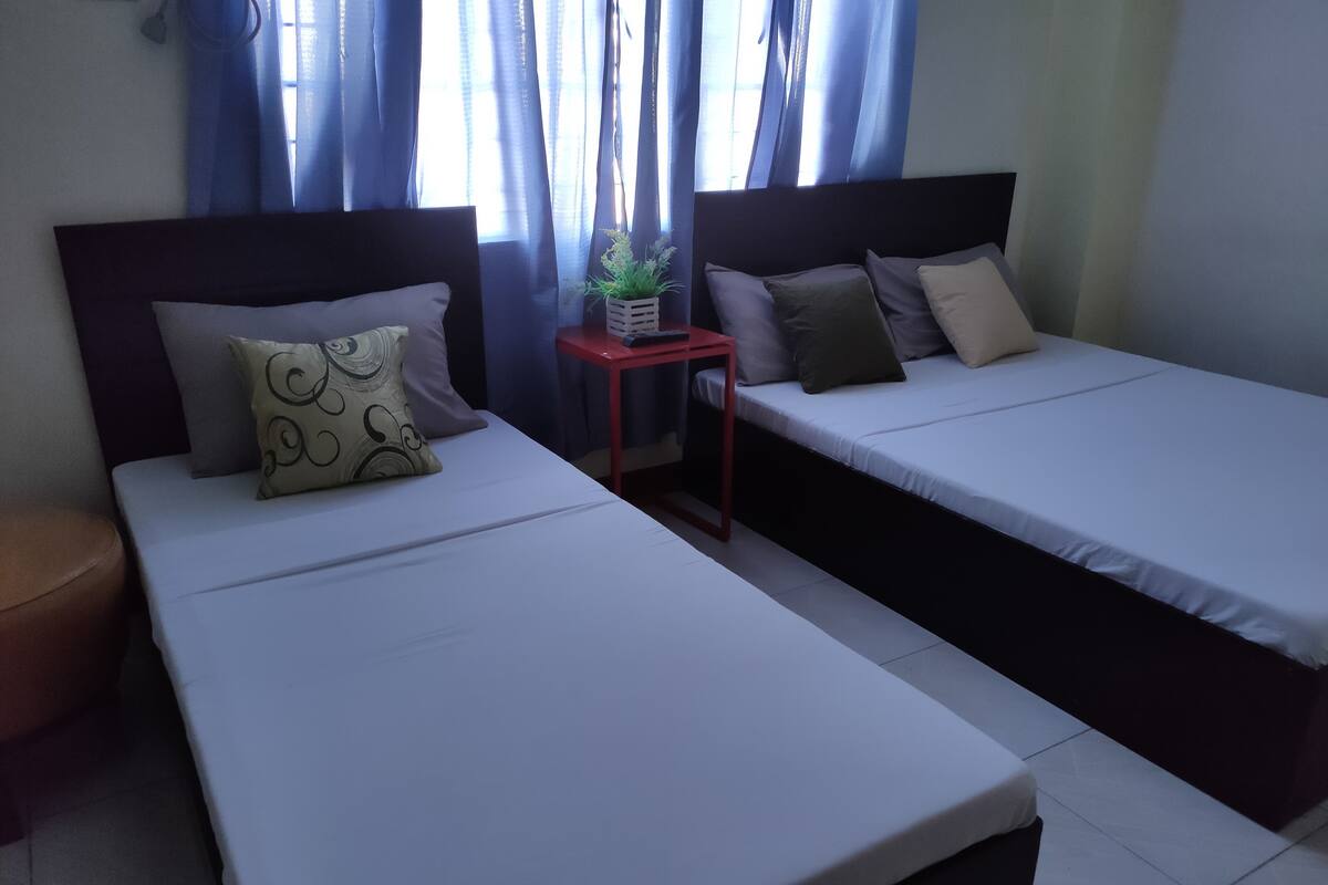 Quarto de hotel com duas camas de solteiro, uma mesinha com uma planta e uma janela com cortinas azuis.