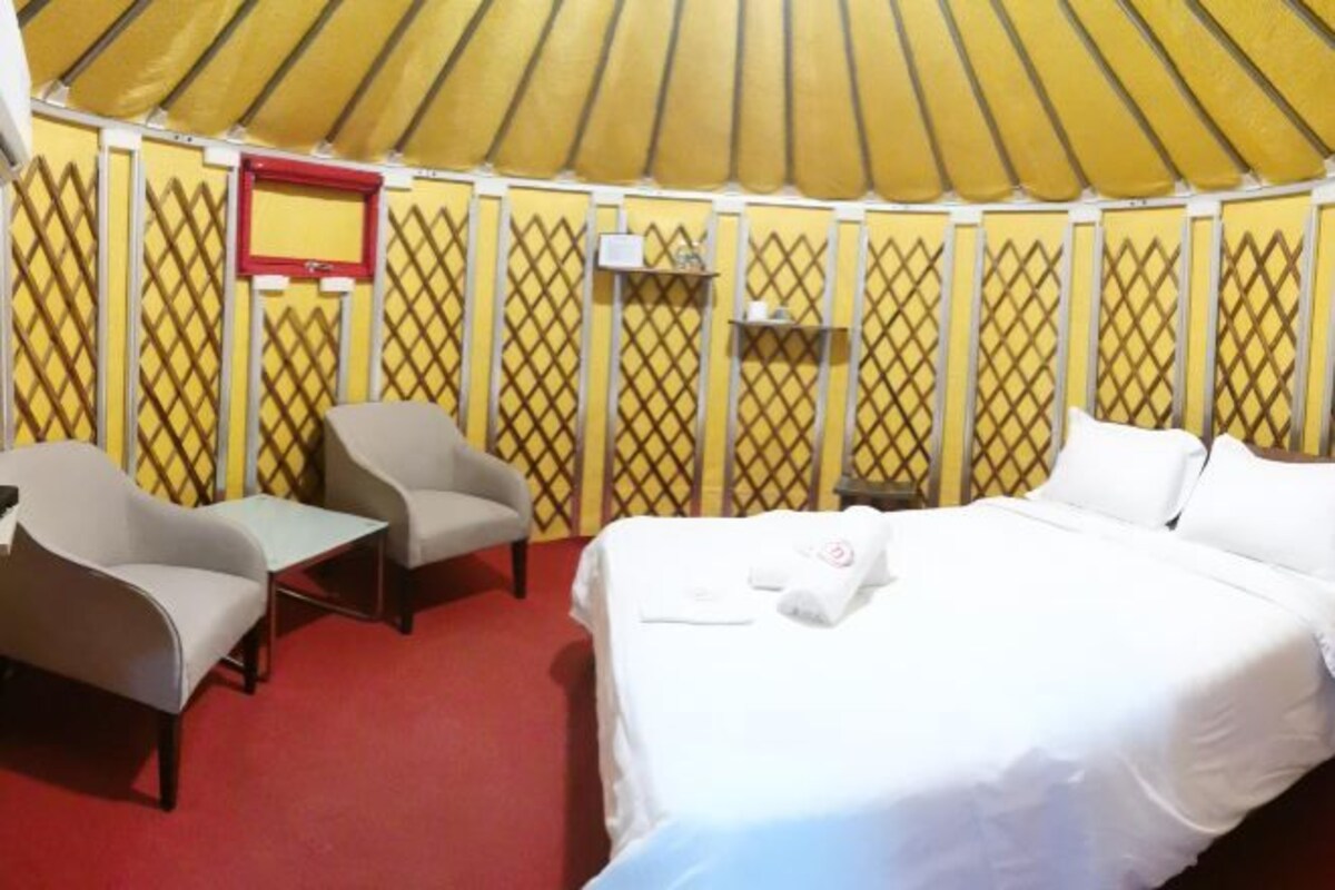 Una habitación con una cama, dos sillones, una mesita y un televisor instalado en la pared.