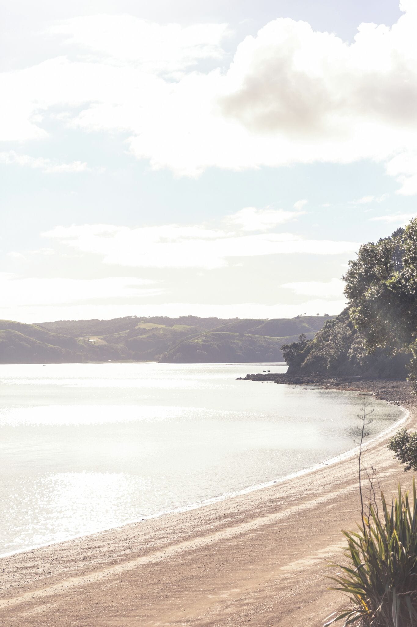 A coastal landscape with a sandy beach, calm water, and distant hills.