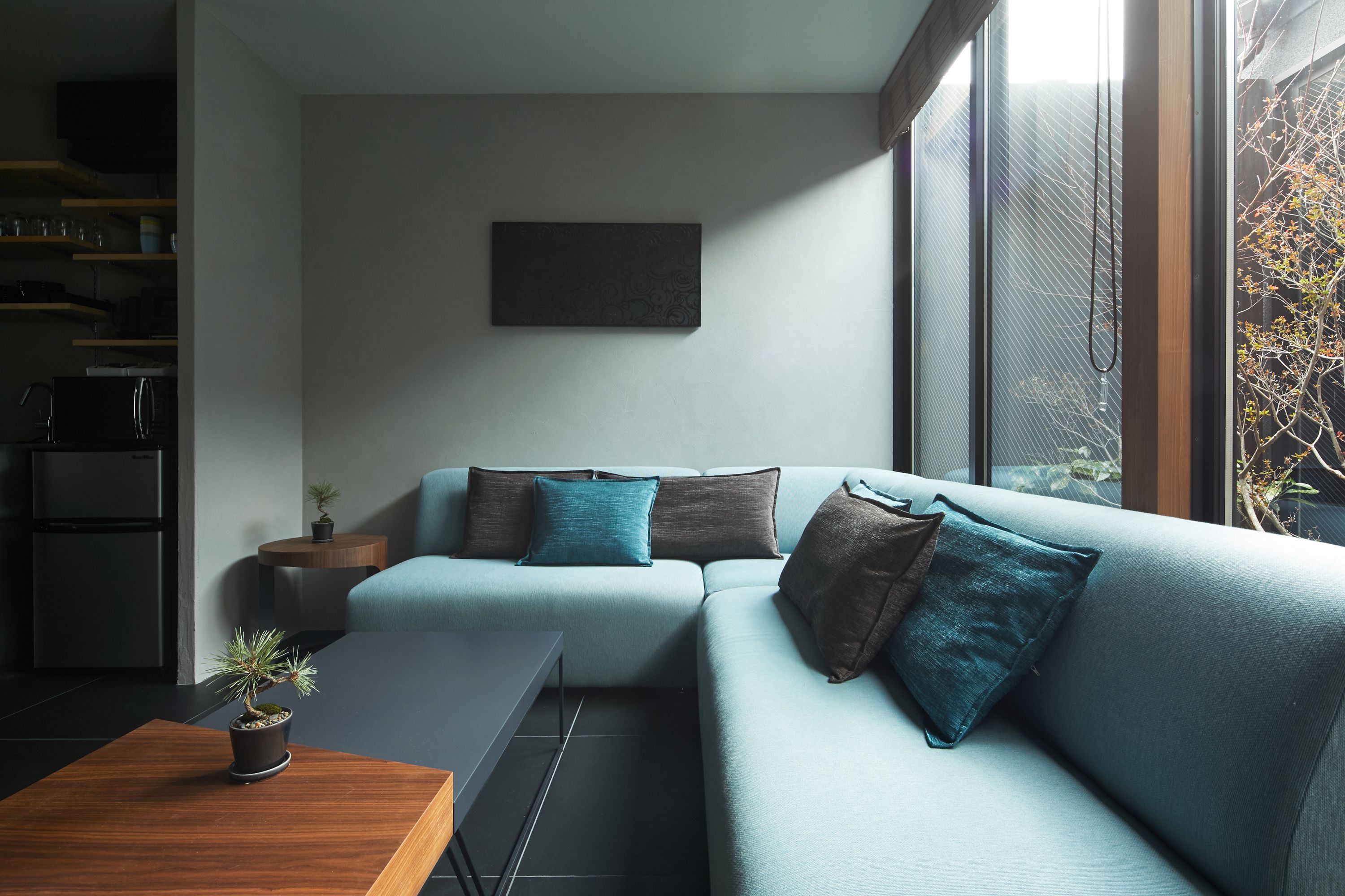 Ein modernes Wohnzimmer mit einer Eckcouch, einem Couchtisch und einem Blumentopf.