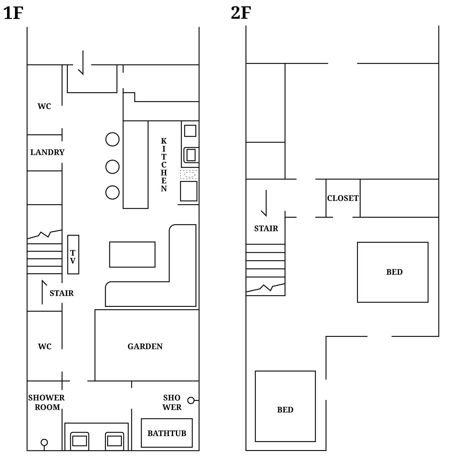 A floor plan with a kitchen, garden, and bathroom.