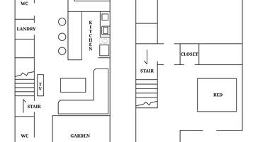 A floor plan with a kitchen, garden, and bathroom.