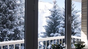 Uitzicht vanaf een balkon met sneeuwbedekte bomen en een heldere lucht.