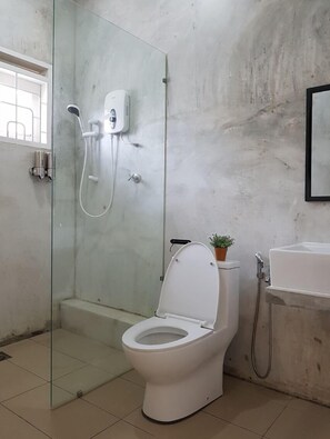 A modern bathroom with a glass-enclosed shower, a white toilet, and a sink.