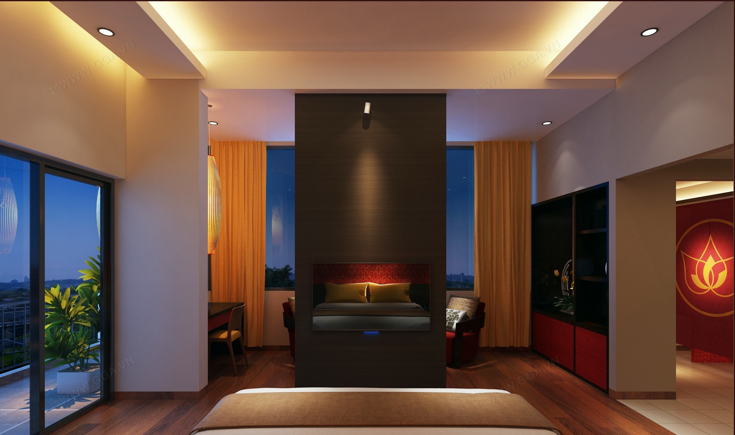 A modern bedroom with a large bed, a desk, and a view of the city.