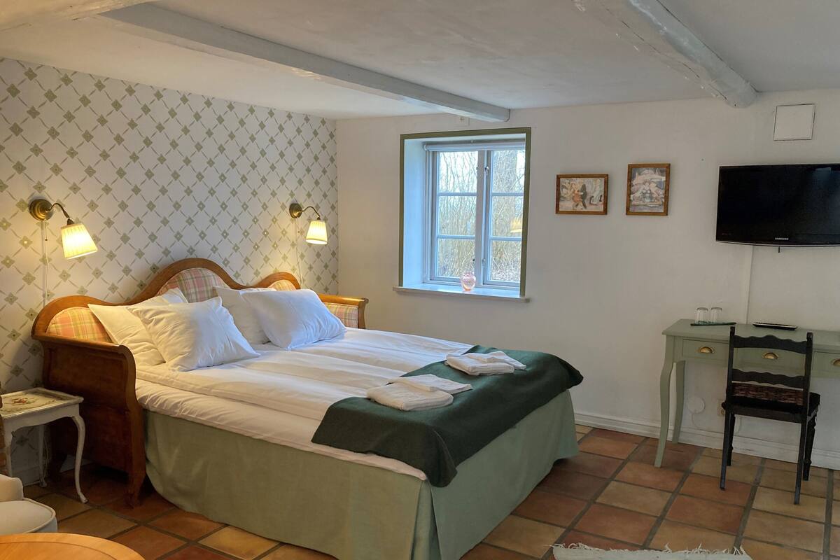 Quarto bem arrumado com uma cama, mesas de cabeceira, escrivaninha, televisão e uma janela.