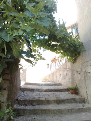 A stone staircase leading up to a building with a rustic facade, surrounded by greenery. - Locanda di Cadì (Petralia Soprana)
