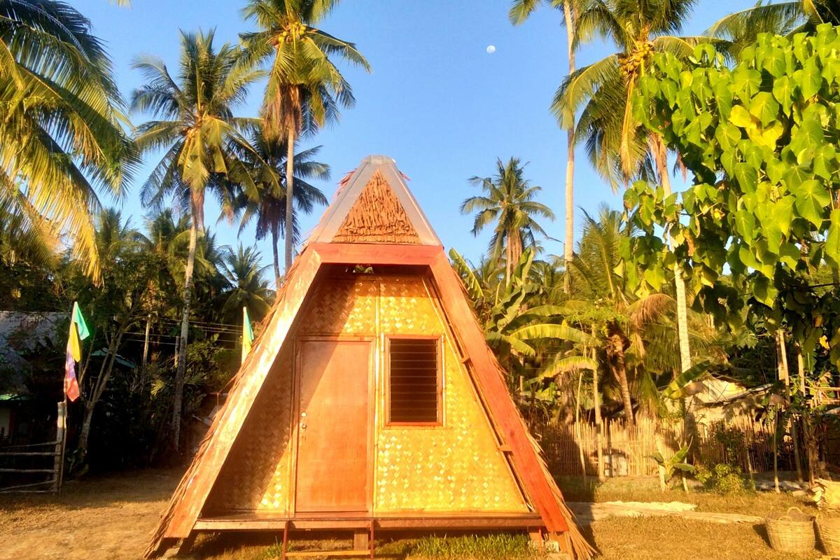A triangular wooden structure with a window, surrounded by palm trees and a clear sky.