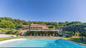 Seasonal outdoor pool, pool umbrellas, sun loungers
