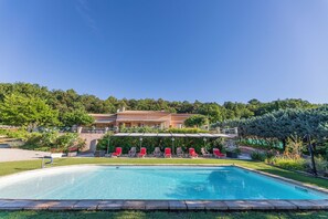Seasonal outdoor pool, pool umbrellas, sun loungers