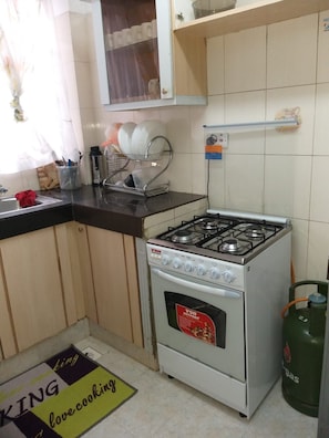 A kitchen with a gas stove, a dish rack, and a gas cylinder. - Maurica Studio (Nairobi)
