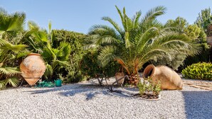 A garden with palm trees, large clay pots, and a gravel path. - Alojamiento La Veguilla (Úbeda)