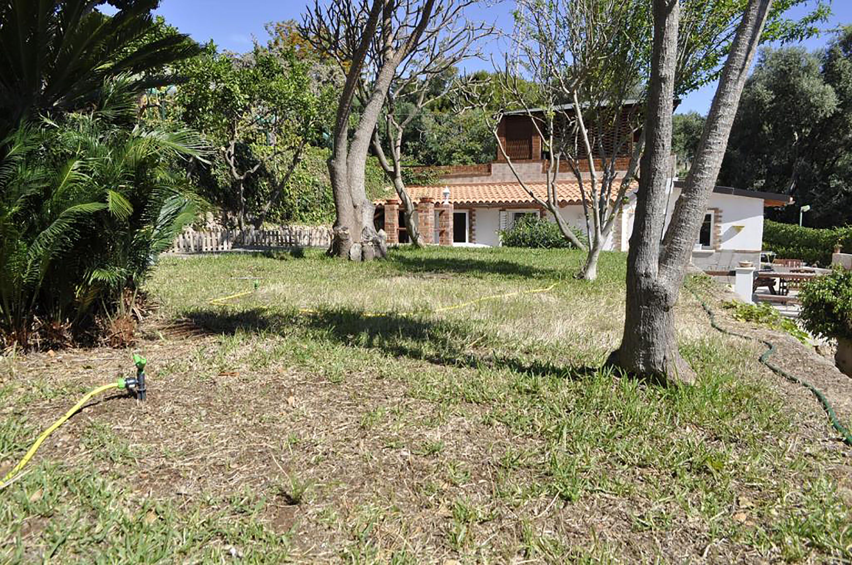 Une maison avec un toit en tuiles, entourée d’arbres et bordée d’une pelouse.